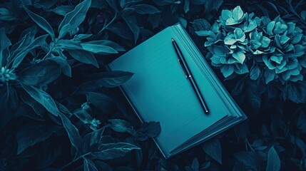 A Quiet Outdoor Journal With Pen Resting On Foliage Under Blue Overtones