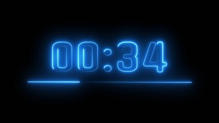 Neon timer seconds illustration. Neon countdown clock number on black background.