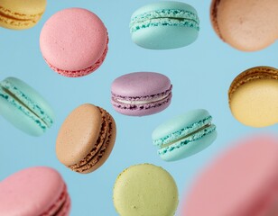 Colorful Macarons Floating in Air on a Pastel Blue Background