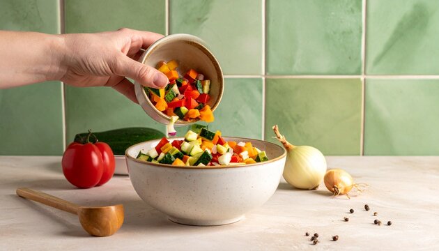 A female hand gently pours freshly chopped vegetables — including zucchini, carrot,