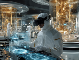 Futuristic scientist in VR headset using holographic interface in advanced laboratory, sci-fi technology concept