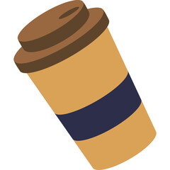 A Tan Coffee Cup With A Blue Stripe and Brown Lid Isolated On A Transparent Background Ideal For Graphics And Design Projects