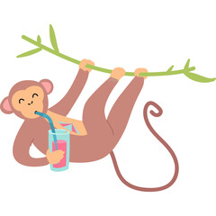 A Whimsical Pink Monkey Swings Gracefully From A Green Branch Enjoying A Refreshing Pink Drink Through A Straw On A Transparent Background With A Cheerful Expression