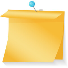 A yellow square sticky note pinned to an invisible surface with a light blue pin on a transparent background
