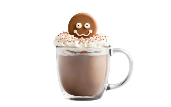 Christmas mug of hot chocolate with cream and sweets on a transparent background
