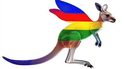 A Rainbow-Colored Kangaroo Illustration Striding Boldly Forward Across A White Background