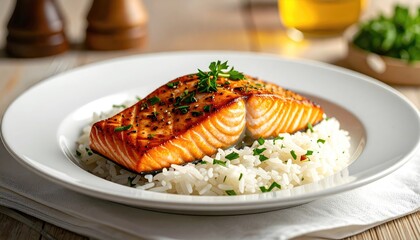 Gourmet Grilled Salmon Fillet With Fluffy White Rice And Chopped Parsley Garnished With Sesame Seeds And Glazed With A Savory Sauce Served On A White Plate With Soft Natural Lighting