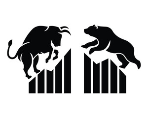Bear and bull vector icon design for share market, logo, Stock Market. Bullish vs Bearish market Illustration design. Bear and bull vector for Exchange and traders on a stock market.