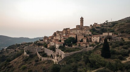 Obraz premium small stone village on hillside with pale morning sky