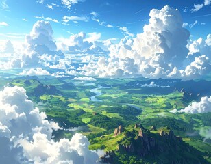 Scenic illustration of a bright sky with fluffy white clouds, overlooking a valley