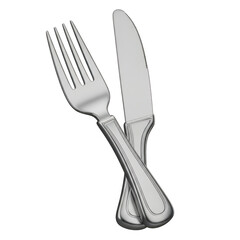 Crossed Silver Metal Fork and Knife on Background Keywords: fork, knife, cutlery, metal, silver, utensil, kitchen, dining, eating, tableware, food, meal isolated on a transparent background