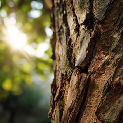 Obraz premium Tree bark texture with sun illuminating forest background