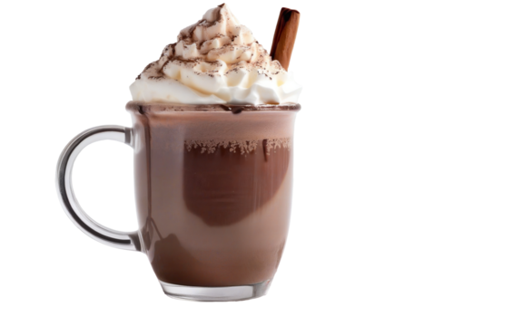 Christmas mug of hot chocolate with cream and sweets on a transparent background