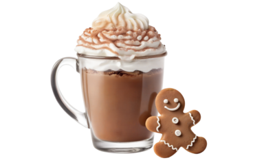 Christmas mug of hot chocolate with cream and sweets on a transparent background