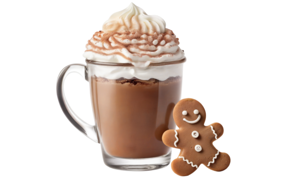 Christmas mug of hot chocolate with cream and sweets on a transparent background