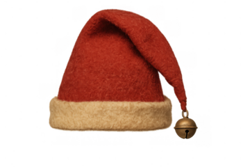 Felt santa hat in a traditional red color, featuring a soft beige trim and a dangling jingle bell, on a transparent background
