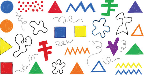 Playful colorful crayon-drawn geometric shapes and doodle lines on white background — abstract childlike hand-drawn design in Swiss modern style for creative artwork and education