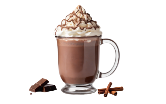 Christmas mug of hot chocolate with cream and sweets on a transparent background
