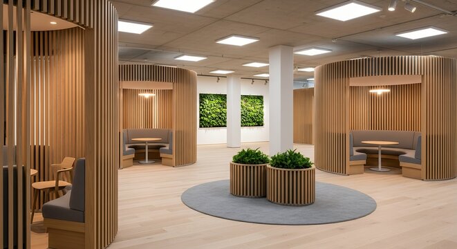 Modern office lounge area features curved wooden partitions upholstered seating tables planters with green foliage and vertical living walls interior design contemporary architecture