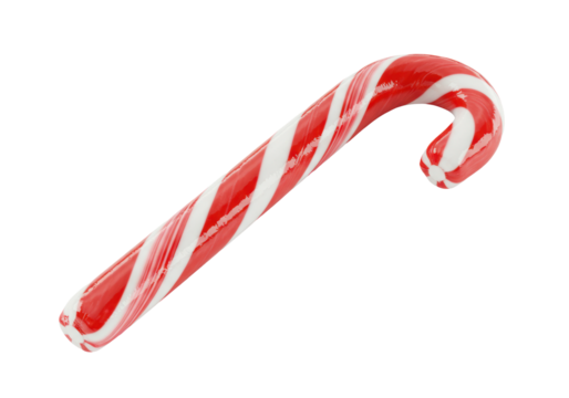 A single, perfectly formed, traditional glossy candy cane with vibrant red and white diagonal stripes and a J-shaped curve on a transparent background, ample copy space. Festive holiday cheer