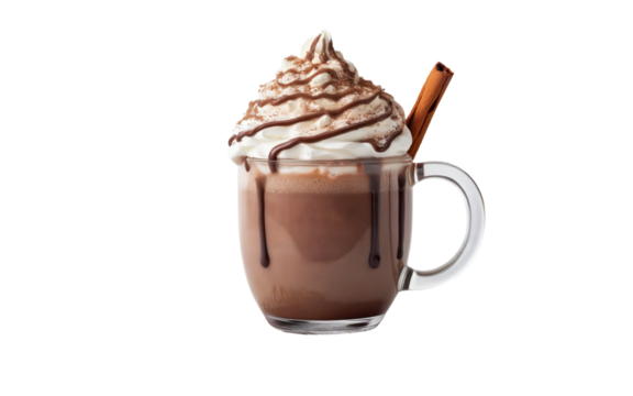 Christmas mug of hot chocolate with cream and sweets on a transparent background