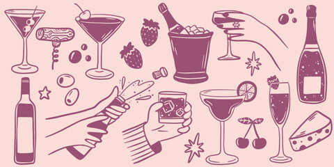 Set of fancy hand draw wine and champagne elements. Includes glasses, bottles, cocktails, corkscrew, strawberries,and cheese. Outline whimsical symbols for party, celebration, bar and festive design.