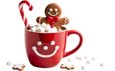 Christmas mug of hot chocolate with cream and sweets on a transparent background