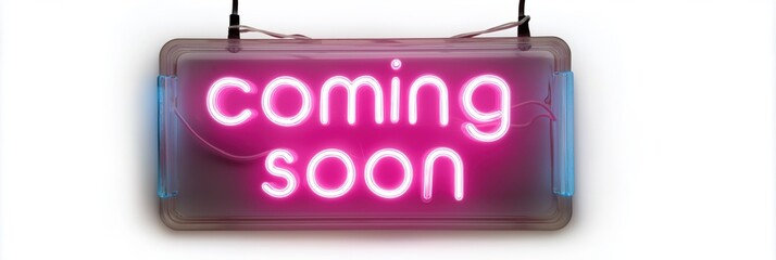 Glowing neon sign displaying 'coming soon' with pink and blue lights