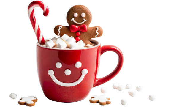 Christmas mug of hot chocolate with cream and sweets on a transparent background