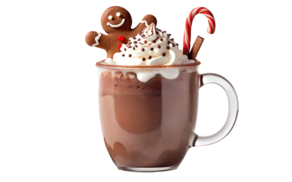 Christmas mug of hot chocolate with cream and sweets on a transparent background