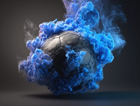 An abstract dark soccer ball is engulfed in vibrant blue smoke, contrasting against a dark background