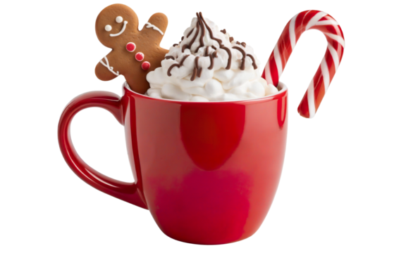 Christmas mug of hot chocolate with cream and sweets on a transparent background