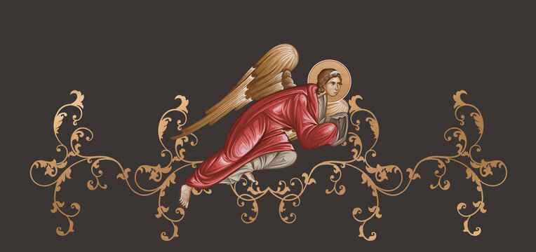 Decorative vintage border with angel, illustration in Byzantine style