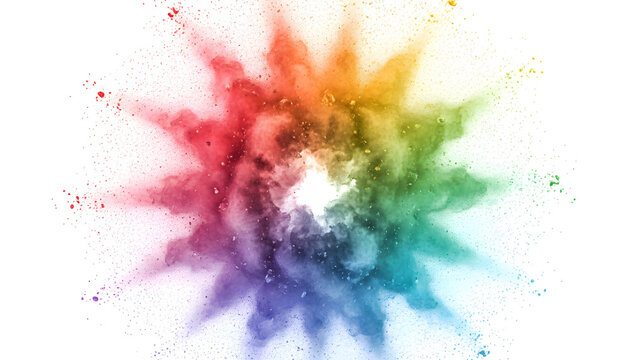 A vibrant explosion of colorful powder particles radiating outwards against a white background.