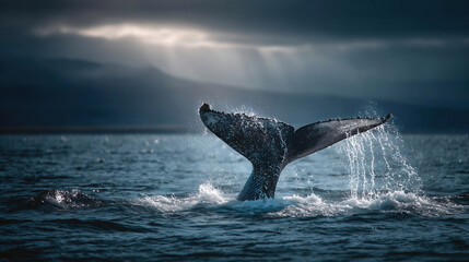 Naklejka premium whale s tail breaching above water showing water splashes.