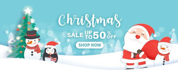 Christmas sale banner with a cute Santa clasue and friends in paper cut style.