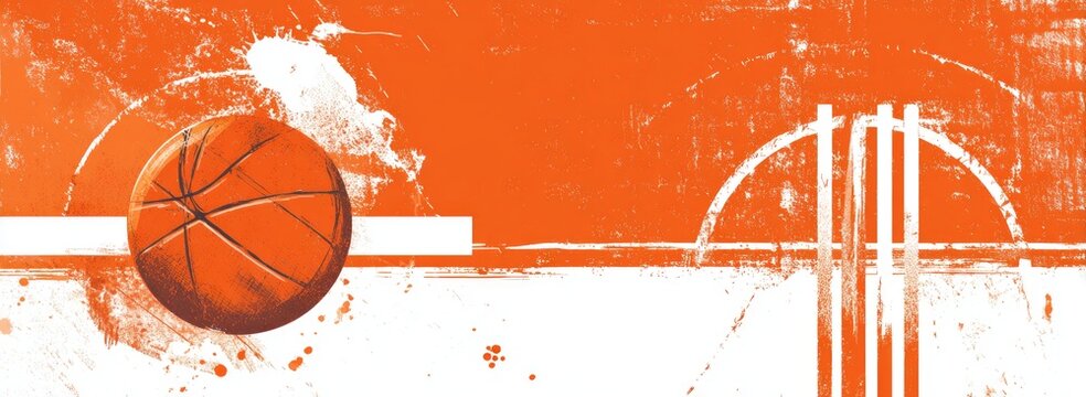 An orange-themed image with a basketball, stylized court elements, and grunge textures