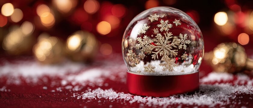 Festive Christmas snow globe with golden snowflakes on red background with bokeh lights, capturing the magic and wonder of the holiday season
