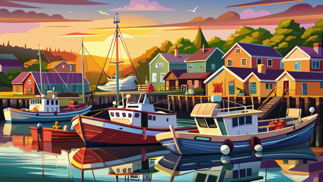 Very beautiful scene of fishing boats docked in Perkins Cove, Ogunquit, Maine, south of Portland, USA, with calm water reflections, colorful vessels, and warm morning light in a realistic coastal atmo