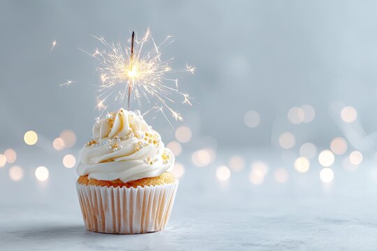 A frosted cupcake with a sparkling sparkler, against a soft, blurred background with bokeh lights