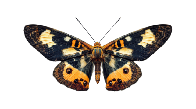 Black Orange White Moth Wings isolated on a transparent background