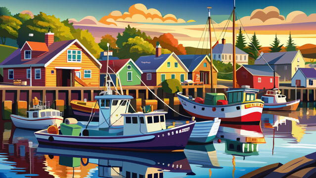 Very beautiful scene of fishing boats docked in Perkins Cove, Ogunquit, Maine, south of Portland, USA, with calm water reflections, colorful vessels, and warm morning light in a realistic coastal atmo