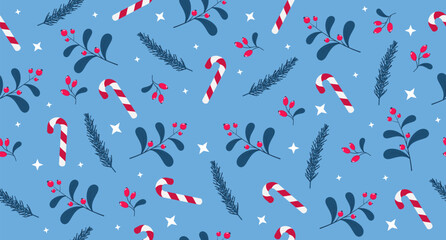 Leaves and berries with candy cane seamless pattern. Perfect for wrapping paper, fabric, and holiday decoration. Winter holidays theme. Vector illustration