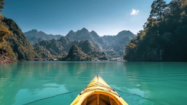 Kayaking on calm waters surrounded by mountains in a serene natural setting