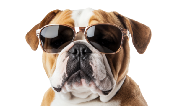 Bulldog wearing rose gold sunglasses isolated on a transparent background