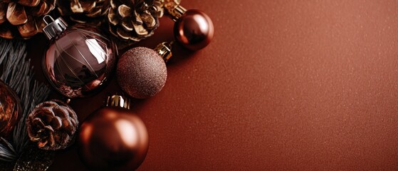 Elegant bronze Christmas ornaments and pine cones on a textured brown background with copy space Festive holiday season decoration concept