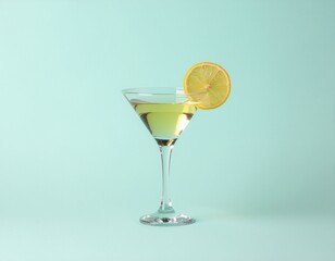 Martini Glass with Lemon Slice on Mint Green Background