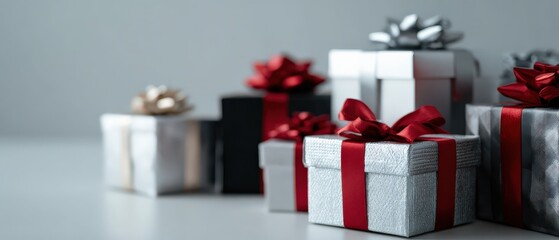 Obraz premium Elegant Gift Boxes with Red Ribbons and Silver Wrapping for Holiday Celebration, Christmas Presents, and Festive Occasions