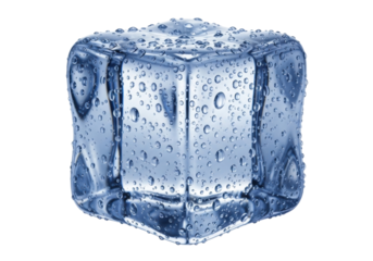 Icy ice cube with water droplets isolated PNG on transparent background, refreshing frozen block for drinks and summer themes
