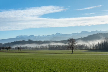 Paysage rural suisse au petit matin d’automne